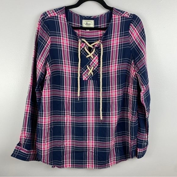 G.H. Bass Coastal Nautical Plaid Long Sleeve Lace Up Neck Blouse Large Blue Pink - Picture 3 of 9